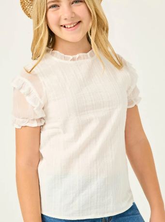 Girls Off White Mix Media Ruffled Sleeve Textured Top