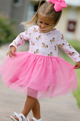 Horse Print Pink Tulle Long Sleeve Dress