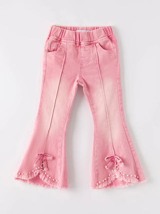 Girls Pink Flare Jean with Pearl Hem