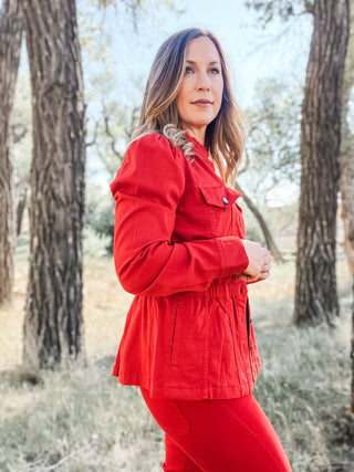 Puff Sleeve Trucker Jacket with Ruffle Collar
