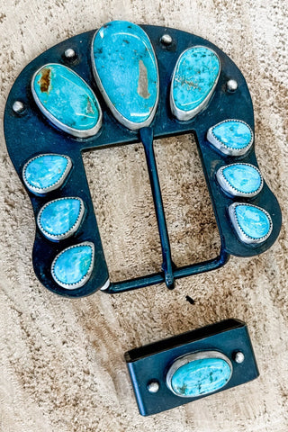 9 Stone Turquoise Buckle with Metal Belt Loop - Allure Boutique WY