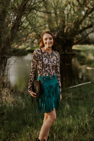 Fringed Sleeve Floral Mesh Top