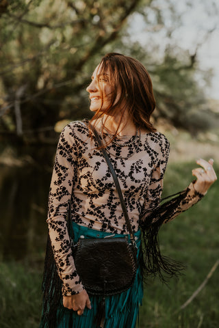 Fringed Sleeve Floral Mesh Top