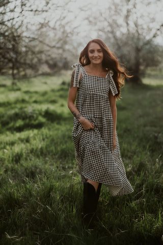 Gingham Tiered Maxi Dress with Lace Strap