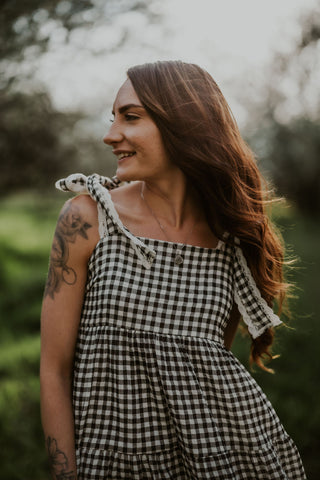 Gingham Tiered Maxi Dress with Lace Strap