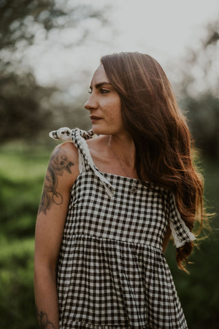 Gingham Tiered Maxi Dress with Lace Strap