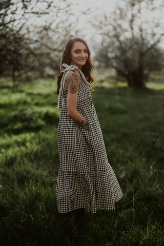 Gingham Tiered Maxi Dress with Lace Strap