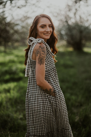 Gingham Tiered Maxi Dress with Lace Strap