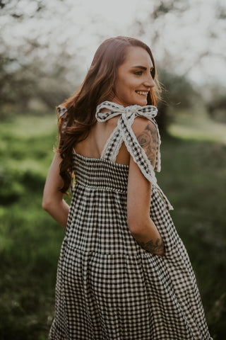 Gingham Tiered Maxi Dress with Lace Strap