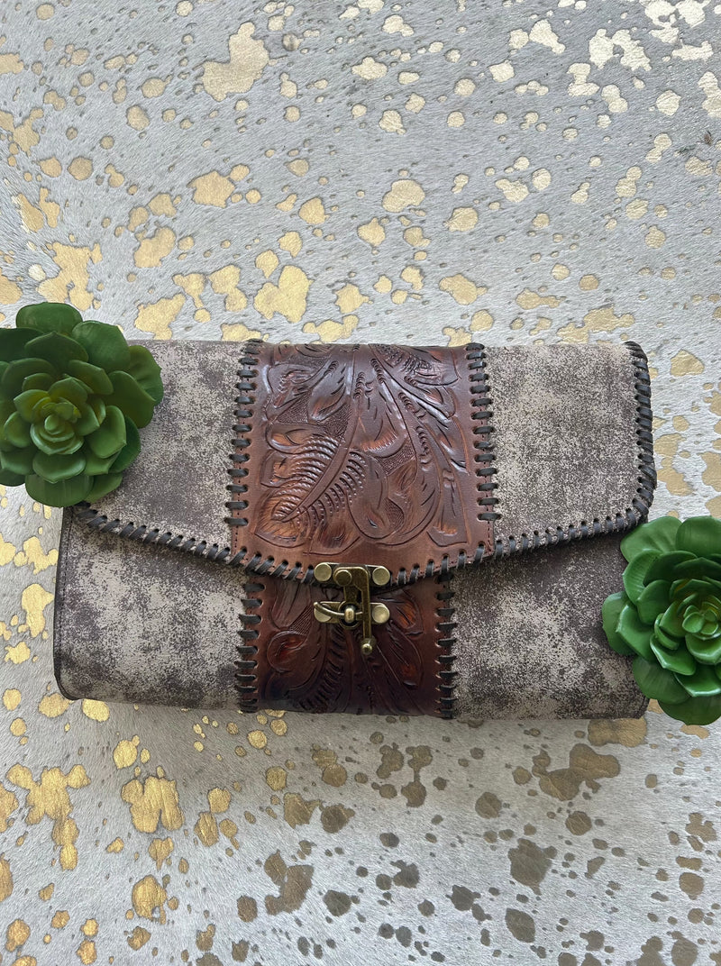 Adobe Brown Envelope Crossbody with Tooled Brown Strap
