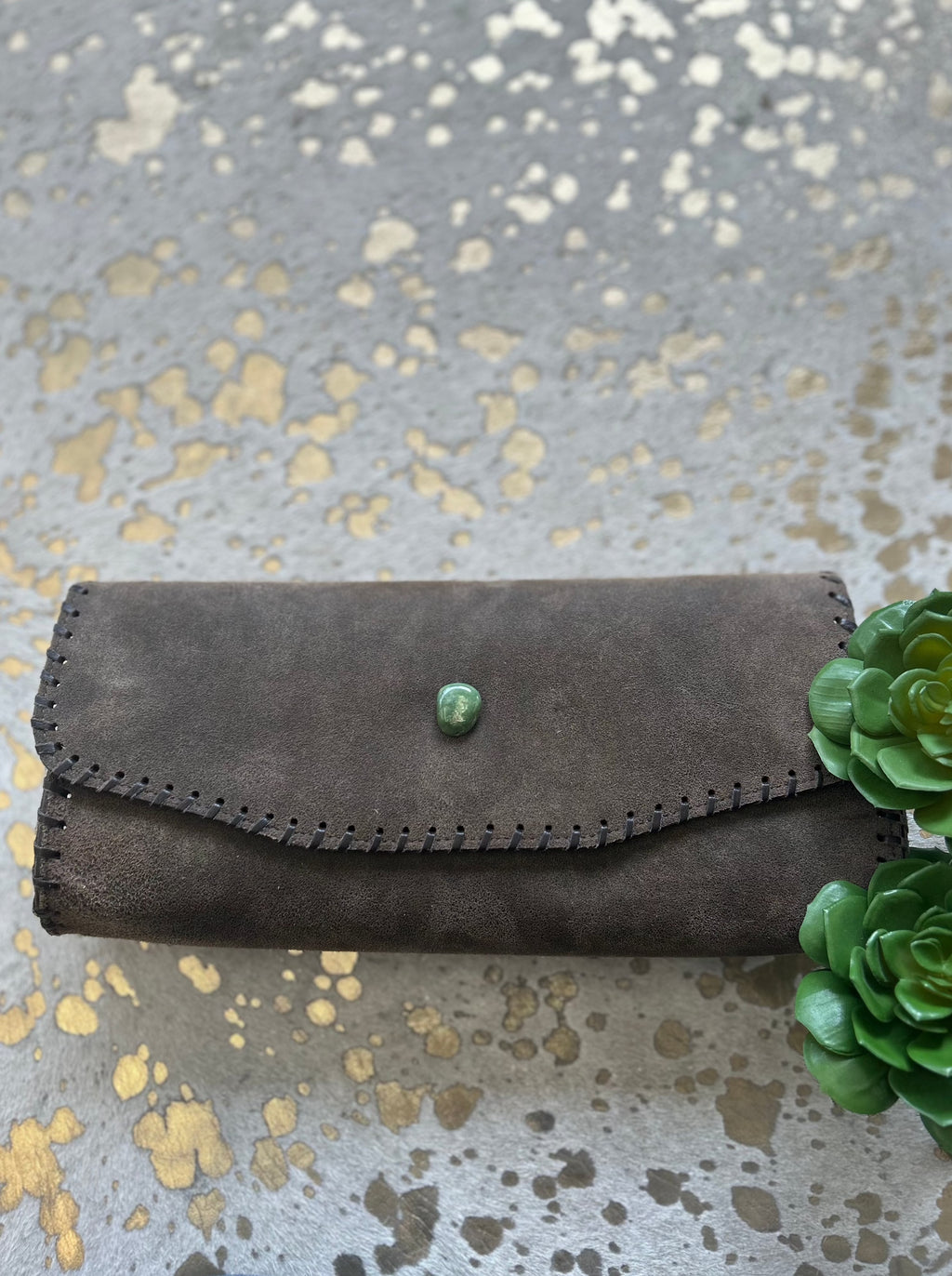 Adobe Brown Suede Nubuck Clutch with Turquoise Stone