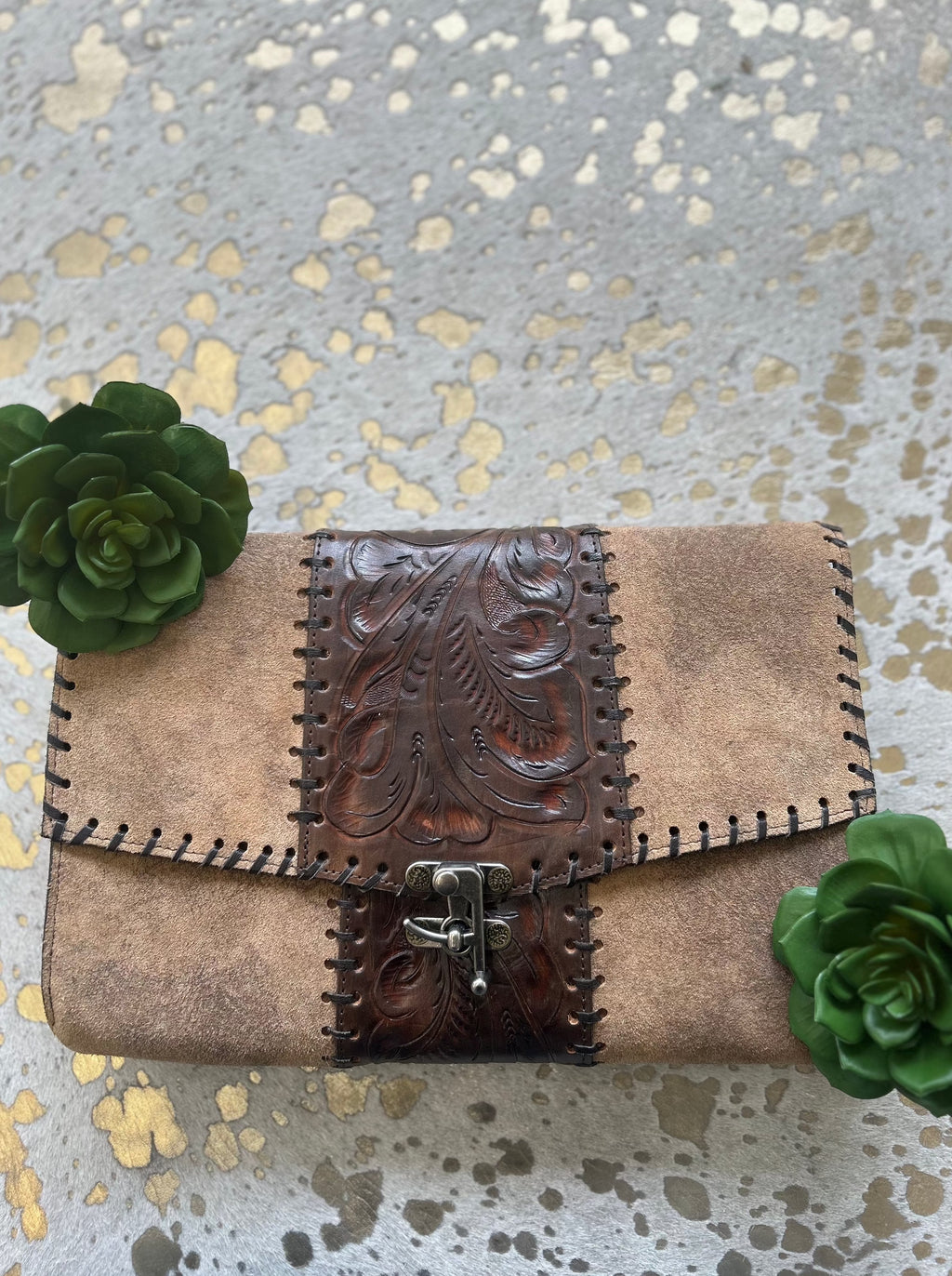 Adobe Cognac Envelope Crossbody with Tooled Brown Strap
