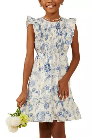 Girls Blue Floral Smocked Tier Dress