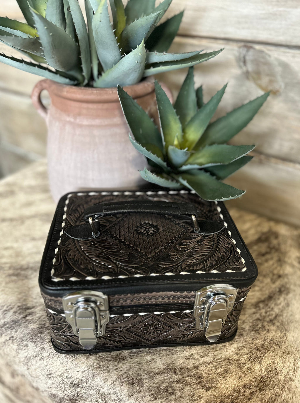 Black Tooled Leather Jewelry Box with Locket