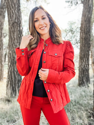 Puff Sleeve Trucker Jacket with Ruffle Collar