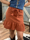 Caramel Belted Ruffle Hem Skirt