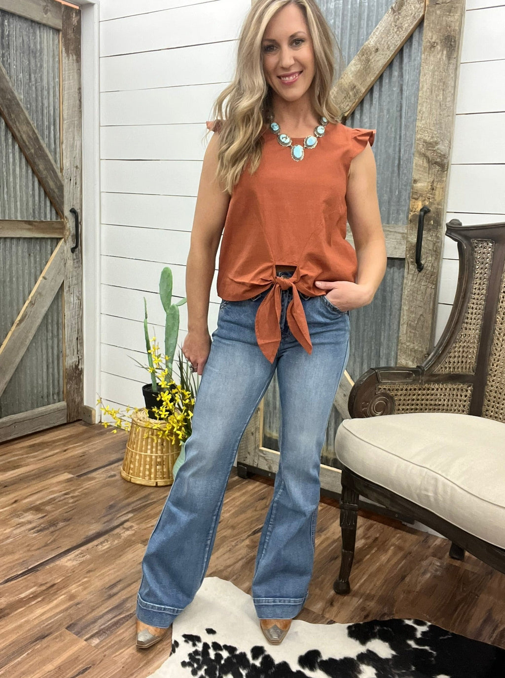 Caramel Tie Front Sleeveless Top