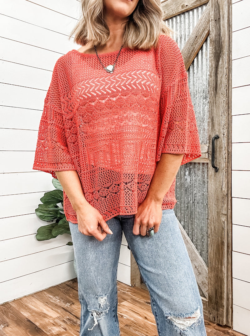 Coral Knitted Sweater with Bell Sleeve