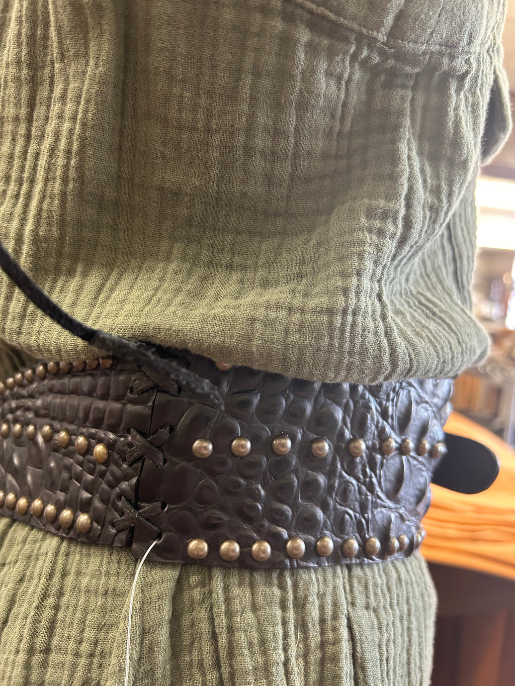 Croc Leather Belt with Antique Brass Studs