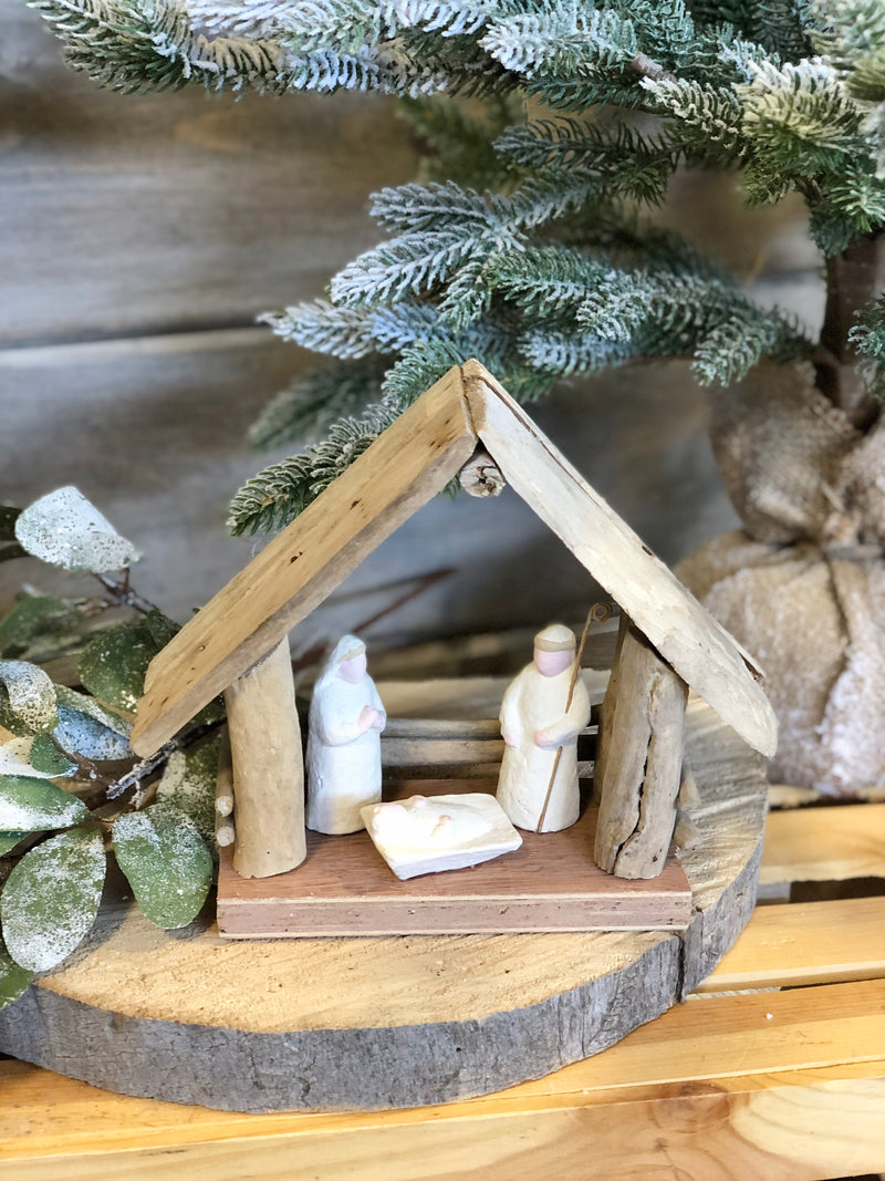 Driftwood and Paper Mache Nativity with Wood Base