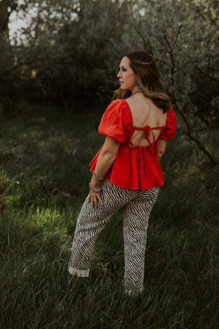 Back Tie Puff Sleeve Peplum Top
