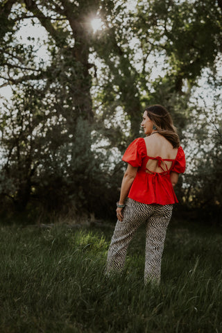 Back Tie Puff Sleeve Peplum Top