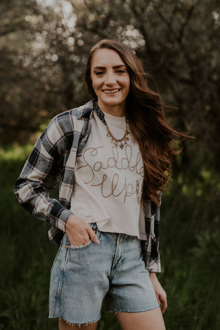 Cowboy Print Cropped Plaid Shirt