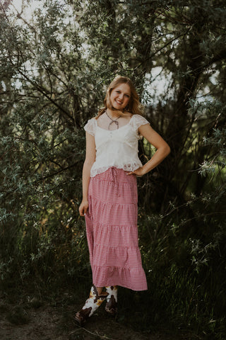 Red + White Gingham Tiered Maxi Skirt