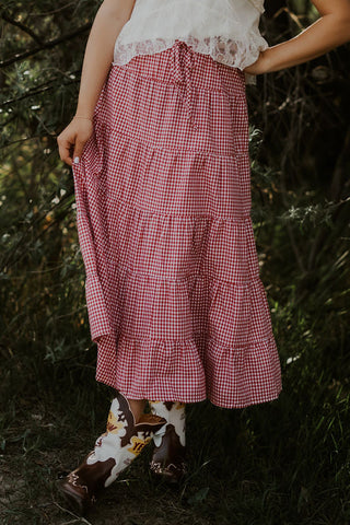 Red + White Gingham Tiered Maxi Skirt