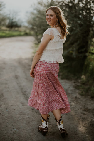 Red + White Gingham Tiered Maxi Skirt