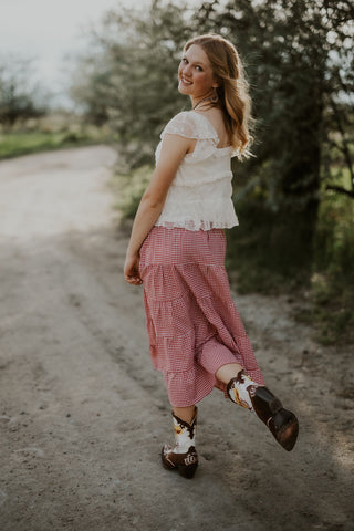 Red + White Gingham Tiered Maxi Skirt