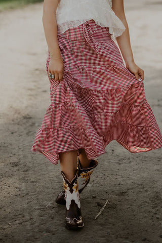 Red + White Gingham Tiered Maxi Skirt