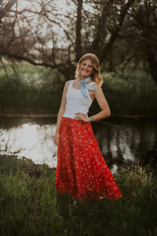 Red Floral Tiered Maxi Skirt