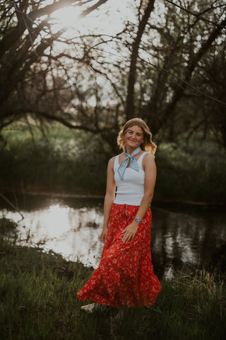 Red Floral Tiered Maxi Skirt