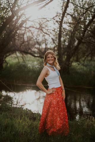 Red Floral Tiered Maxi Skirt