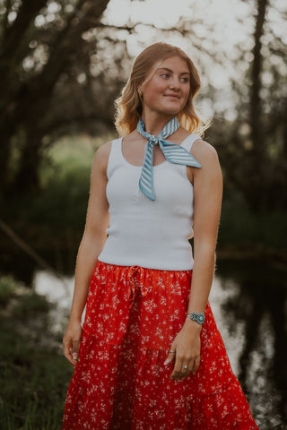 Red Floral Tiered Maxi Skirt