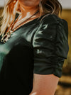 Malachite Green Satin Ruched Sleeve V-Neck Top