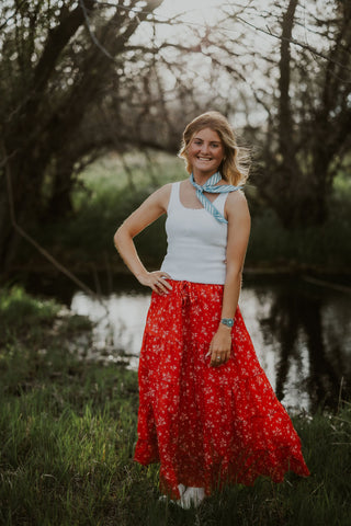Red Floral Tiered Maxi Skirt