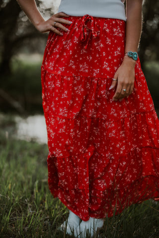 Red Floral Tiered Maxi Skirt