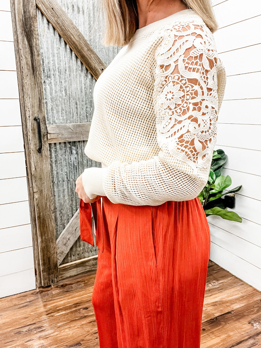 Ecru Waffle Knit Sweater with Lace Sleeve Detail