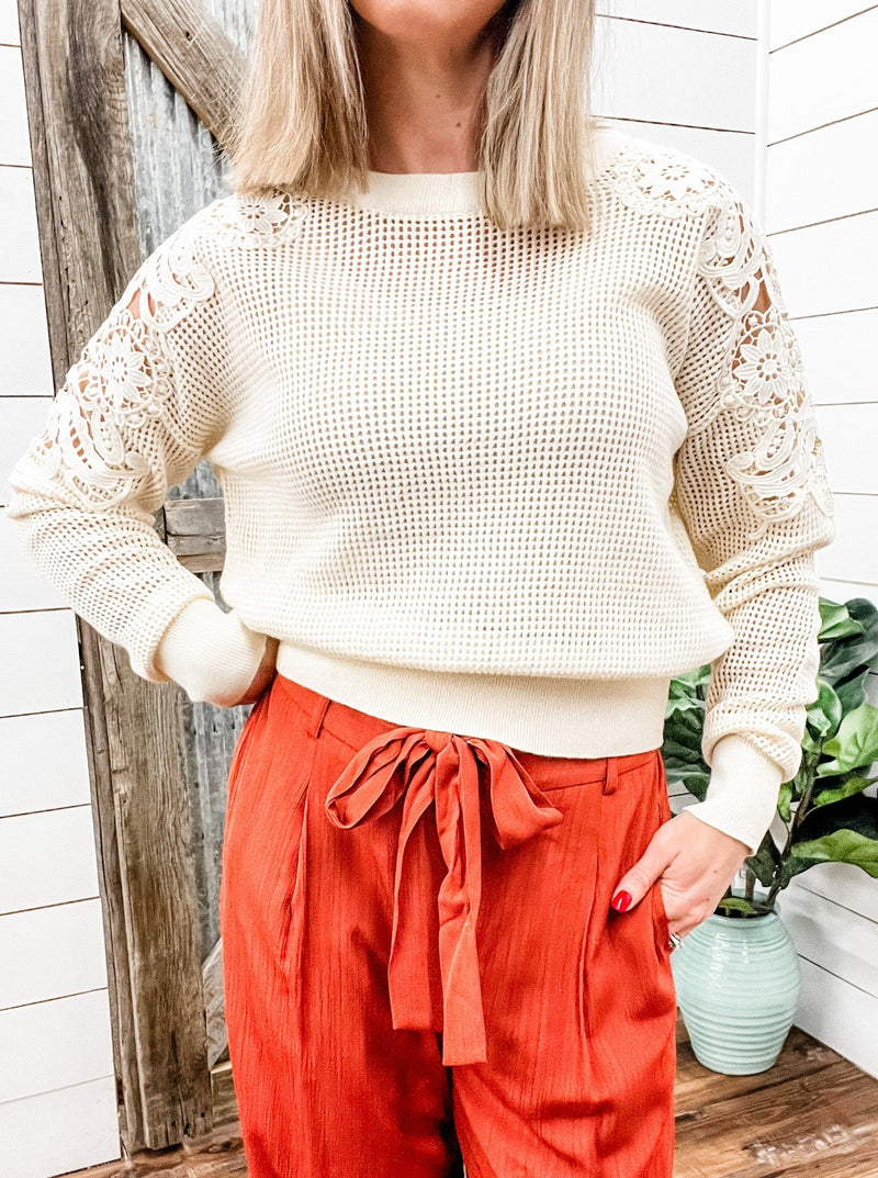 Ecru Waffle Knit Sweater with Lace Sleeve Detail