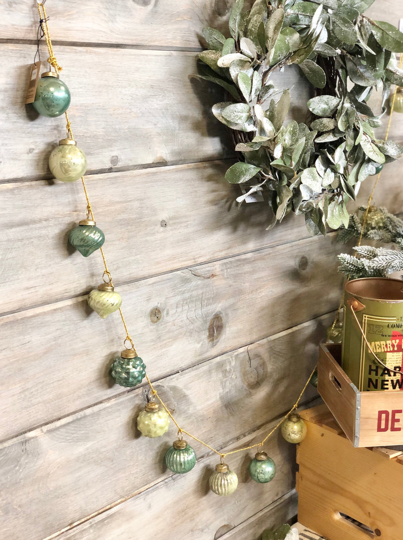 Embossed Green Mercury Glass Ornament Garland with Gold Cord
