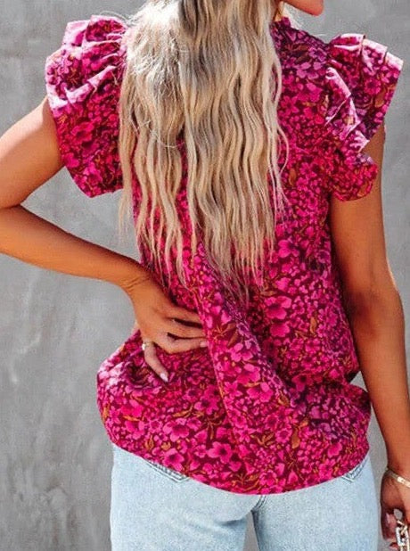 Floral Ruffle Sleeve V-Neck Top