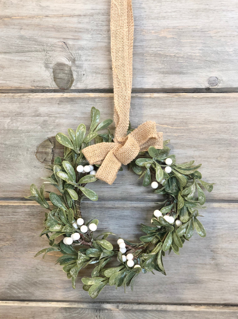 Frosted Mistletoe & Burlap Bow Mini Wreath