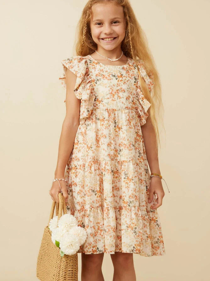 Textured Floral Bubble Ruffled Dress