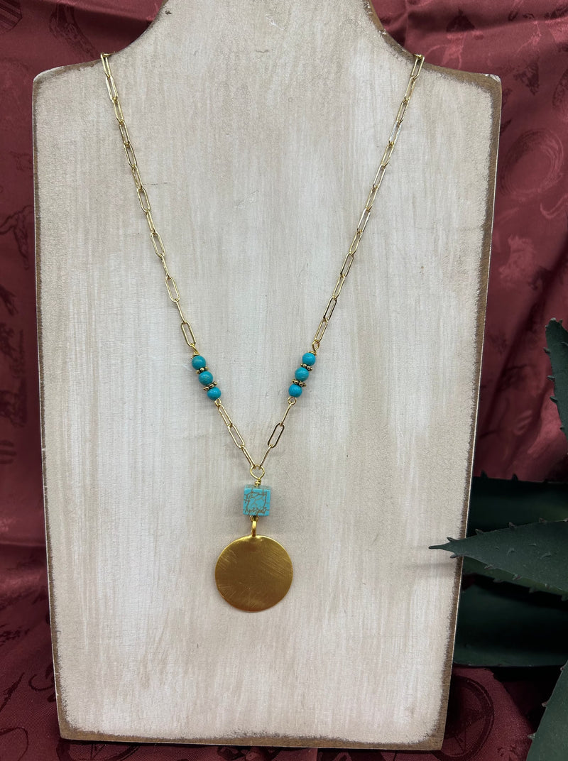 Hammered Gold Coin Necklace with Turquoise