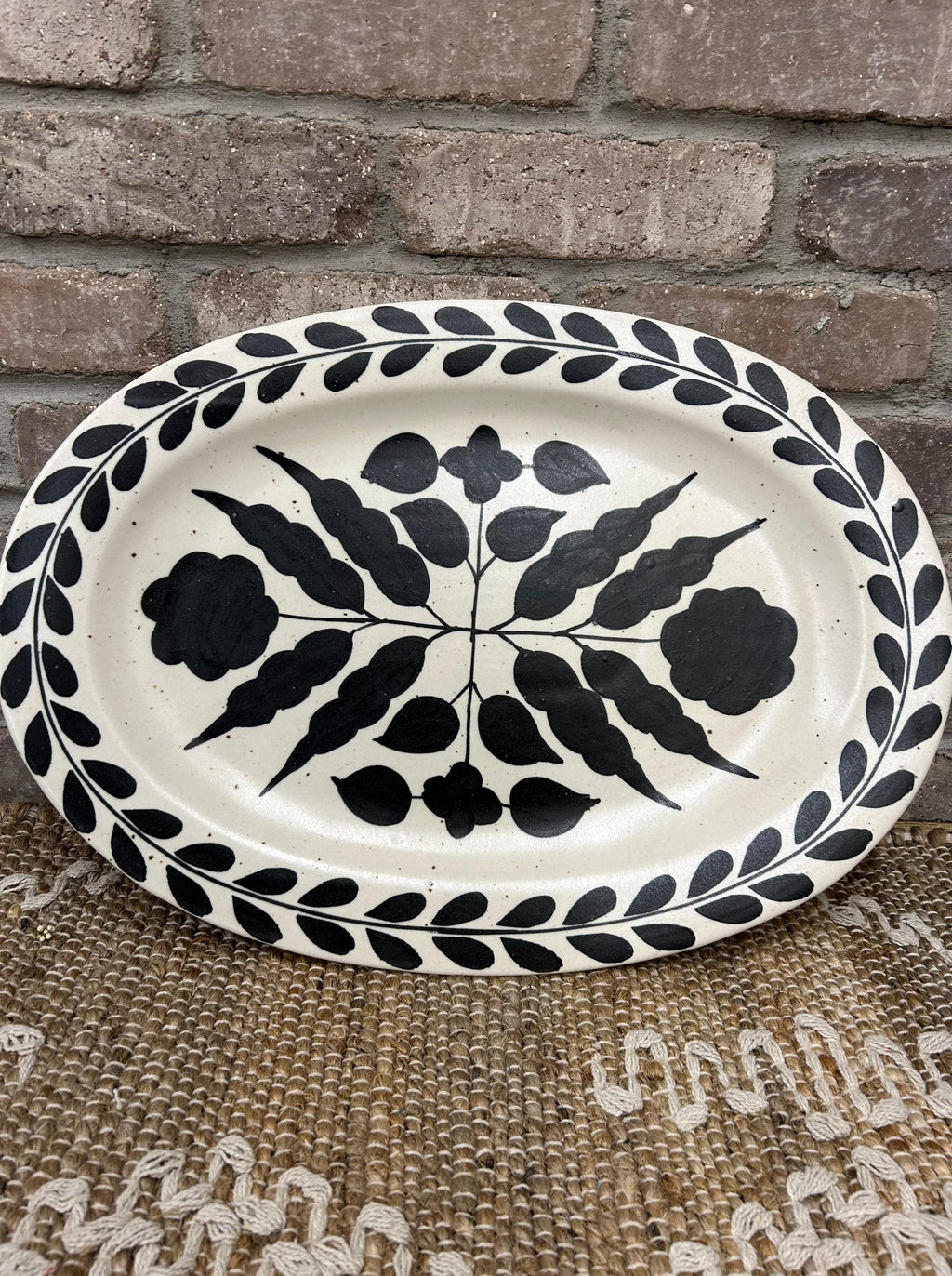 Hand Painted Stoneware Serving Platter with Floral Design