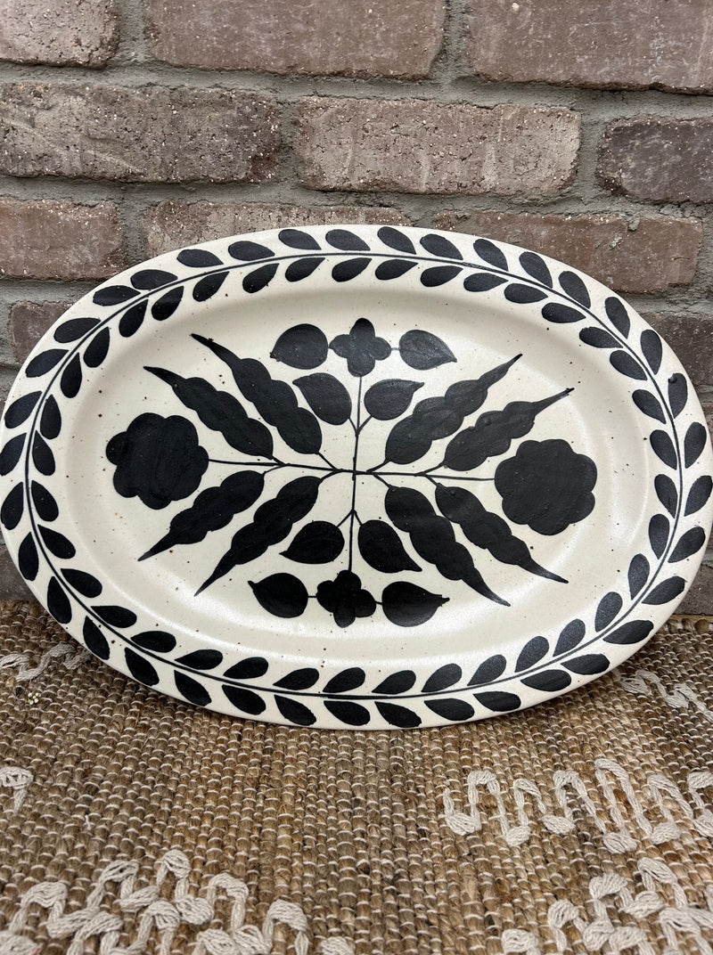 Hand Painted Stoneware Serving Platter with Floral Design