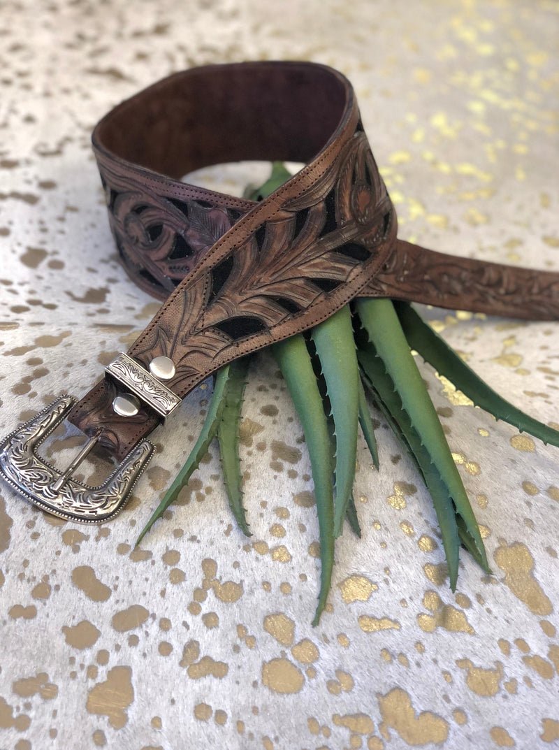 Hand Tooled Belt with Filigree in Acorn with Black Background