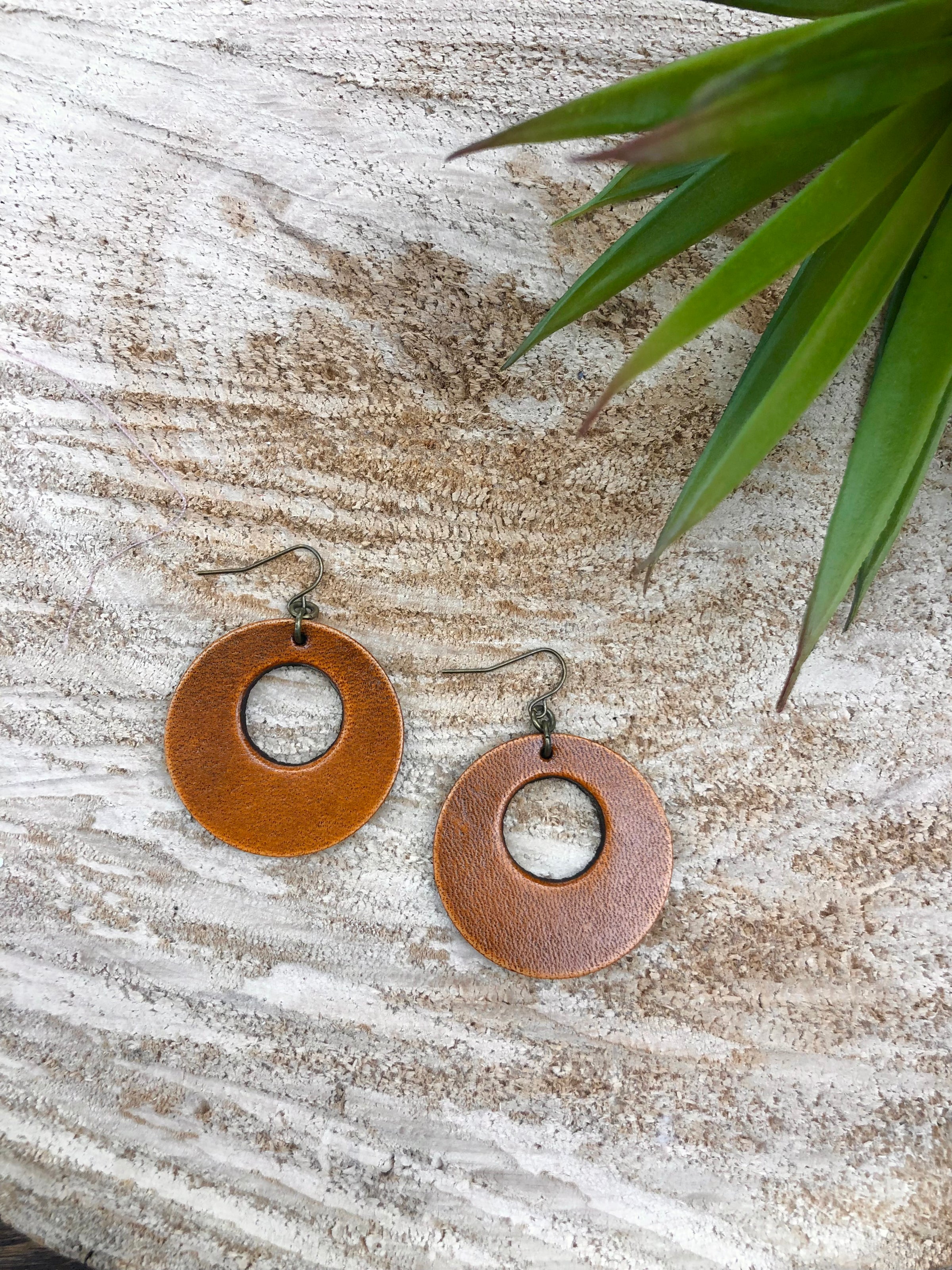 Handmade Classic Round Leather Cut Out Earrings Saddle Tan